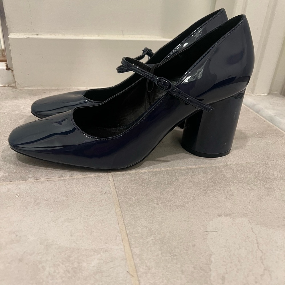 Zara Women's Dark Blue Patent Block Heels - Picture 3 of 6